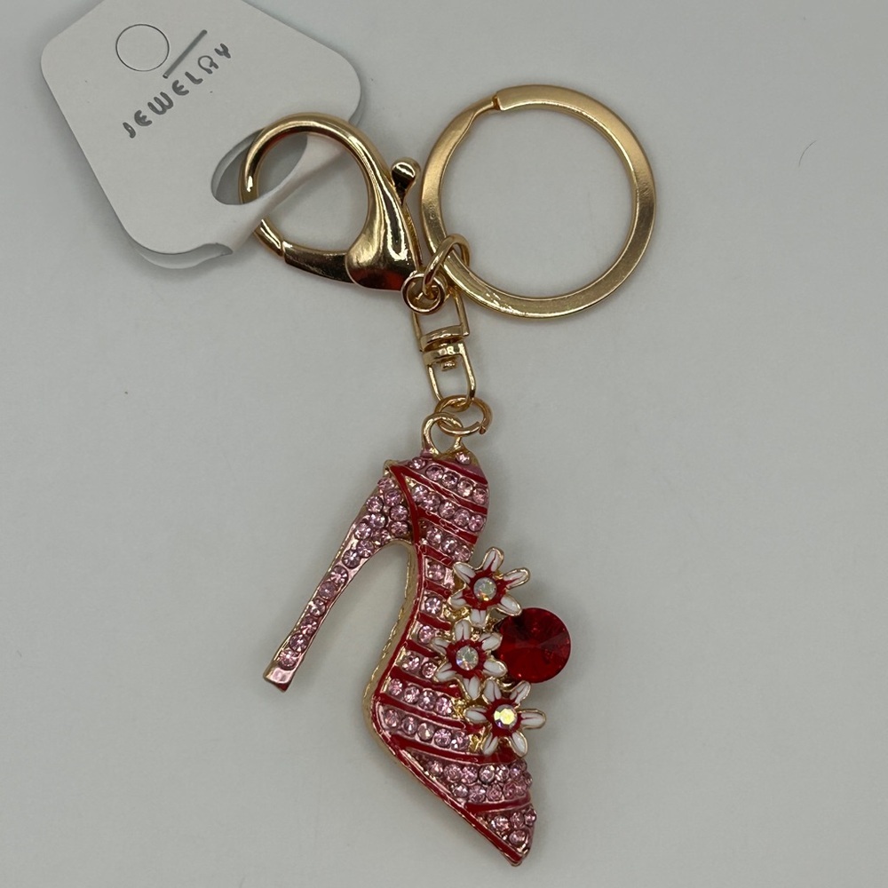 Bling Pink & Gold High Heel Keychain/Bag Charm with Floral Accents